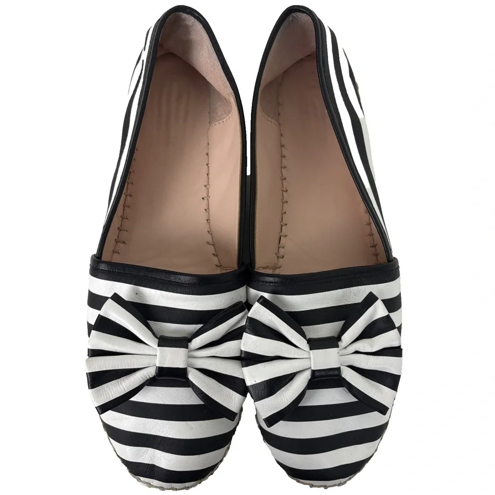 Kate Spade Linds Bow Espadrille Striped Womens 10 Shoes Black White Preppy